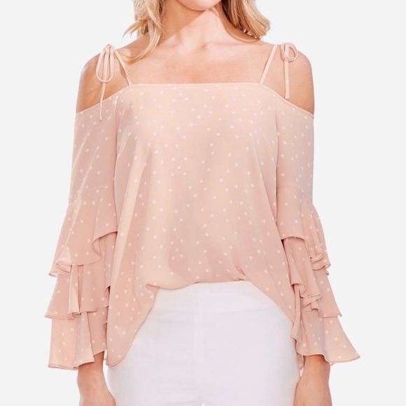 Vince Camuto Cold Shoulder Tiered Sleeve Pink & White Polka Dot Blouse Size XL - Picture 1 of 8